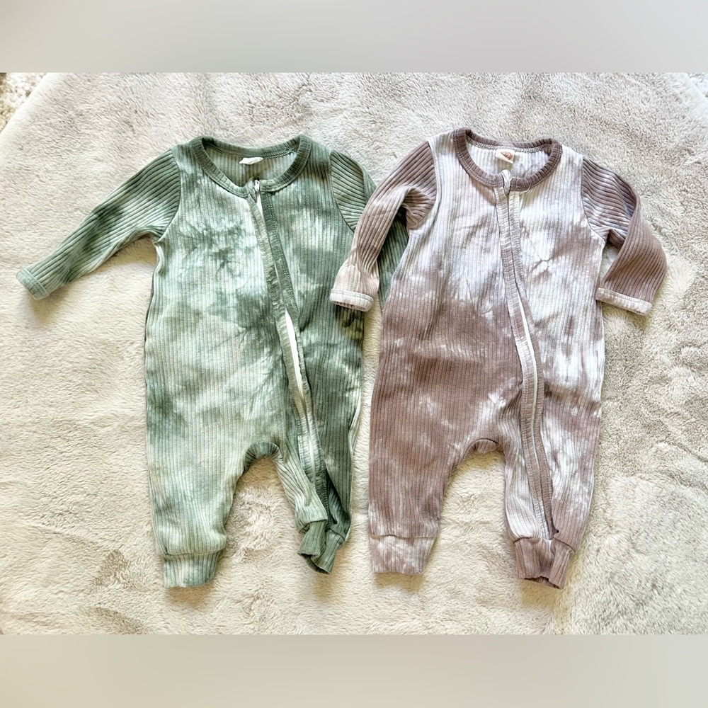 Ribbed Zip Romper Set Tie Dye Green Brown 3-6 Months
